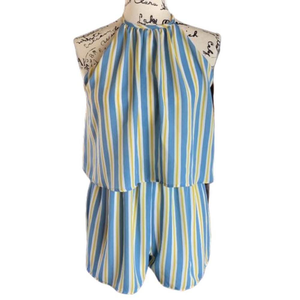 Blue Blush Striped Layered Halter Romper
